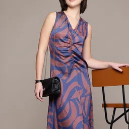 French Connection V-Neck Abstract Printed Gathers A-Line Dress-image-9