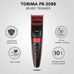 Torima PR-2088 Cordless Rechargeable Beard Trimmer - 30 Min Runtime (Black and Red) image 2