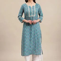 Varanga Blue Cotton Floral Print Straight Kurta-image-24