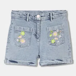 Blue Giraffe Kids Ice Blue Cotton Embroidered Shorts-image-99