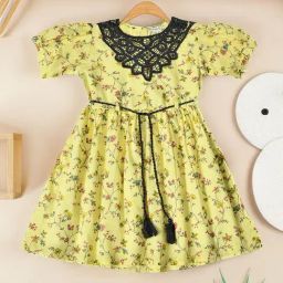 Bella Moda Girls Yellow Cotton Half Sleeves Floral Printed Dress-image-81