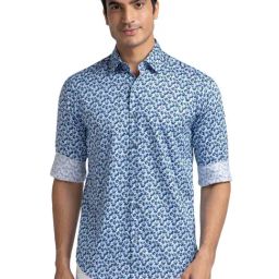ColorPlus Blue Cotton Tailored Fit Printed Shirt-image-56