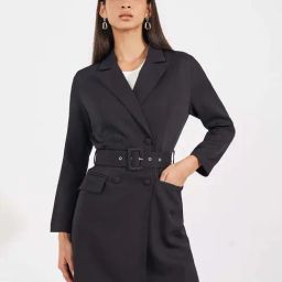 Styli Black Plain Blazer A-Line Dress With Belt-image-3