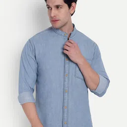 COSMIC Band Collar Roll-Up Sleeves Denim Shirt-image-14