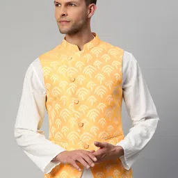 MANQ Men Yellow & Gold Ethnic Motifs Jaquard Woven Design Nehru jacket-8
