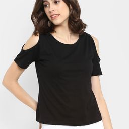 appulse Black Solid Cold Shoulder Pure Cotton Top-image-77