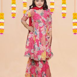 NKV Girls Floral Printed Regular Thread Work Kurta with Sharara & With Dupatta-10