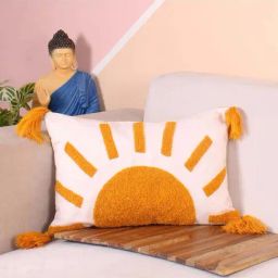 STITCHNEST Orange Polycotton Hand Crafted Embroidered Bohemian Rays Cushion Cover-image-78