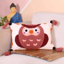 STITCHNEST Peach Polycotton Hand Crafted Embroidered Bohemian Owl Cushion Cover-image-7