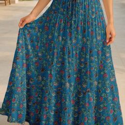 Moomaya Blue & Pink Regular Fit Floral Skirt with Pockets-picture-24