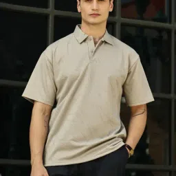 Campus Sutra Beige Polycotton Regular Fit Textured Polo T-Shirt-image-85