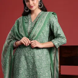 Anouk Floral Printed Mirror Work Kurta with Trousers & With Dupatta-0
