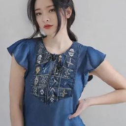 Shiv traders collection Women Embroidered Tie-Up Neck Flutter Sleeve Cotton Denim Top-image-88