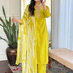 GRIOPY Women Ethnic Motifs Embroidered Regular Kurta with Trousers & With Dupatta-picture-8