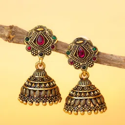aadita Set Of 2 Gold-Plated Artificial Stones Studded Dome Shaped Jhumkas image 3