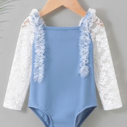 Kookie Kids Full Sleeves Frilled V Cut Swimsuit - Blue-23