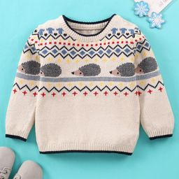 ToffyHouse 100% Cotton Full Sleeves Pullover Sweater with Porcupine Design - White Melange-image-90