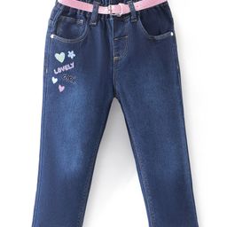 Babyhug Full Length Jeans With Stretch & Text Embroidered - Blue-image-42