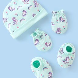 Babyhug 100% Cotton Knit Unicorn Print Cap Mittens & Booties - Blue-image-60