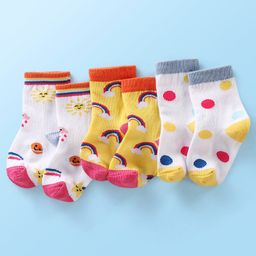 Cute Walk  By Babyhug Anti-Bacterial Ankle Length Socks Rainbow Polka Dot & Sun Design Pack Of 3- Yellow & White-image-98
