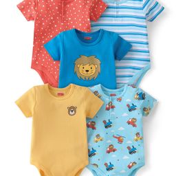 Babyhug 100% Cotton Knit Half Sleeves Striped & Lion Printed Onesies Pack of 5 - Multicolour-image-72