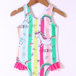 KIDLINGSS Sleeveless Striped & Unicorn Printed Swimsuit - White & Pink-image-39