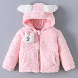 Kookie Kids Full Sleeves Hooded Fur Winter Jacket with Bunny Applique - Pink-picture-3