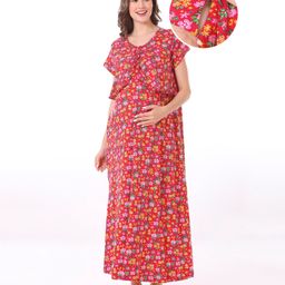 Bella Mama Cotton Knit Half Sleeves Concealed Zipper Floral Print Nighty - Pink-picture-32