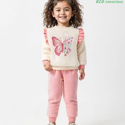 Babyoye Solid Dyed Full Sleeves Winter Wear Suit with Frill Detailing & Butterfly Print - Cream & Pink-image-13