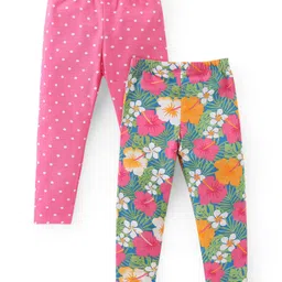 Babyhug Cotton Lycra Knit Full Length Stretchable Leggings with Floral & Polka Dots Print Pack of 2 - Multicolour-picture-30