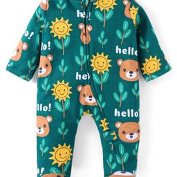 Babyhug Cotton Knit Full Sleeves Front Open Footed Sleepsuit with Bear & Floral Print - Dark Green-image-52