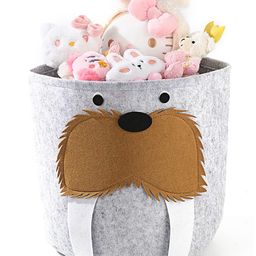 House of Quirk Felt Kids Cartoon Laundry Basket Round Storage Basket Laundry Organizer-Light Grey Seal-16