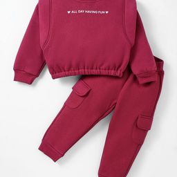 Little Kangaroos Fleece Knit Full Sleeves Winter Top & Lounge Pant Set With Text Print - Burgandy-image-36