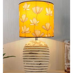 Homesake Modern Table Lamp, Wooden Base Modern Fabric Lampshade for Home Office Cafe Restaurant, Ribbed Basket, Hibiscus-picture-9