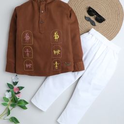 BAATCHEET Cotton Full Sleeves Warli Art Embroidered Kurta & Pant Set - Brown-image-47