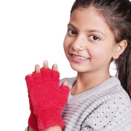 BHARATASYA Woollen Blend Fur Detailed Half Finger Gloves - Red-image-57