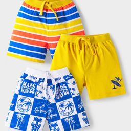Babyhug Cotton Knit Mid Thigh Length Shorts with Beach Theme Print & Stripes Pack of 3 - Yellow & Blue-image-89
