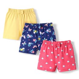 Babyhug Cotton Knit Mid Thigh Length Shorts with Floral Print & Bow Applique Pack of 3 - Red Yellow & Navy Blue-picture-28