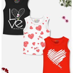 Trampoline Cotton Blend Pack Of 3 Sleeveless Hearts & Typography Printed Tees - Red Black & White-image-122