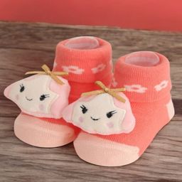 Yellow Bee Cotton Princess Face Applique Floral Designed Socks - Peach-image-39
