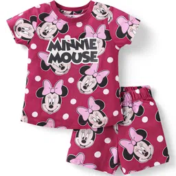 Babyhug Disney Single Jersey KnitHalf Sleeves Shorts Night Suit with Minnie Mouse Print - Maroon-picture-49