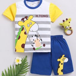 Little Ninja Cotton Half Sleeves Striped & Giraffe Printed Coordinating Tee Shorts Set - Blue-image-15