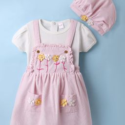 WOW Clothes Cotton Woven Half Sleeves Inner T-Shirt Frock with Cap with Floral Applique - Light Pink-picture-5