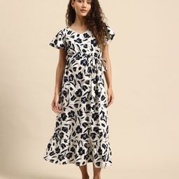 Blush 9 Cotton Viscose Linen Woven Half Sleeves Floral Printed Maternity Dress With Concealed Zipper Nursing Access - Black & White-image-22