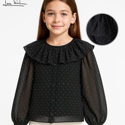 Arias Woven Full Sleeves Embellished Party Top With Ruffles at Neck - Black-image-100