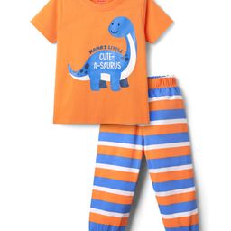 Babyhug Cotton Knit Half Sleeves Night Suit With Stripes & Dino Print - Orange-image-48