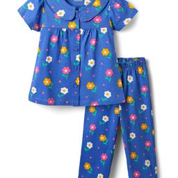 Babyhug Cotton Knit Half Sleeves Co-ords Front Open Night Suit With Floral Print - Blue-image-72