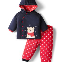 Babyhug Knit Full Sleeves Winter Wear Hooded Sweatshirt & Lounge Pant Set With Polar Bear Patch & Snowflakes Print - Navy Blue & Red-picture-34
