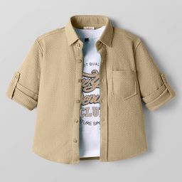 Rikidoos Full Sleeves Textured Shirt With Typography Printed Tee Set - Fawn & White-picture-21