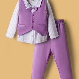 BUMZEE Cotton Knit Full Sleeves Stripes Print 3 Piece Party Suit With Bow Attached - Lilac & White-picture-3